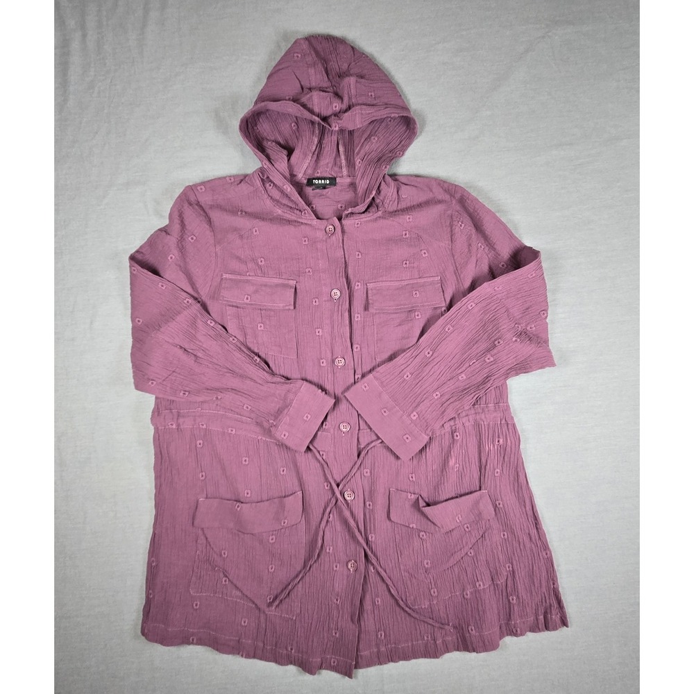 Torrid Size 1 Mauve Textured Gauze Hooded‎ Utility Shirt Jacket Drawstring Boho